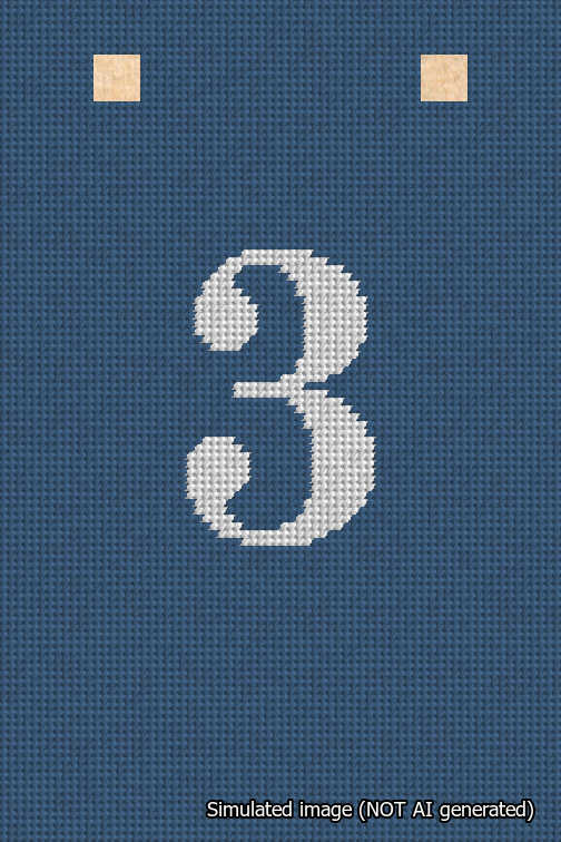 A simulated image of the stitched needlepoint design: Banner 18m Squared 3 White on Blue. Not A.I. generated.