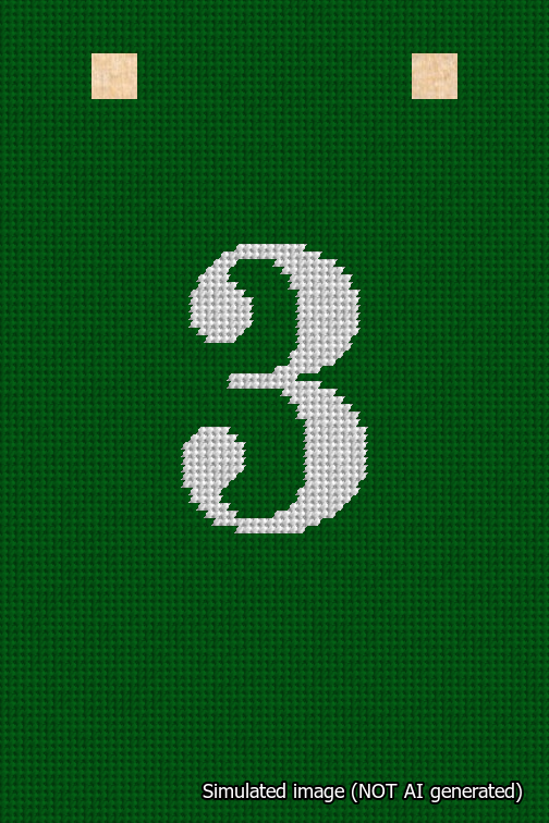 A simulated image of the stitched needlepoint design: Banner 18m Squared 3 White on Green. Not A.I. generated.