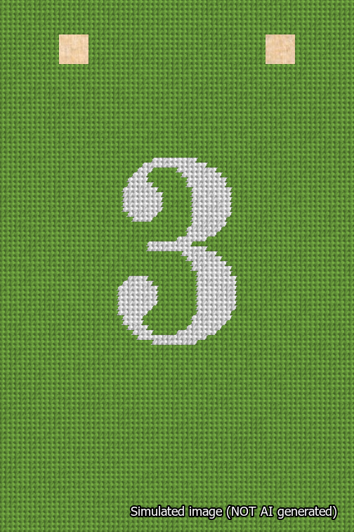 A simulated image of the stitched needlepoint design: Banner 18m Squared 3 White on Light Green. Not A.I. generated.
