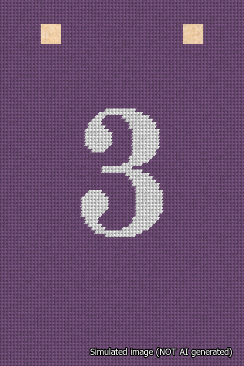 A simulated image of the stitched needlepoint design: Banner 18m Squared 3 White on Purple. Not A.I. generated.