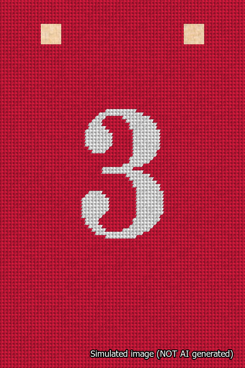 A simulated image of the stitched needlepoint design: Banner 18m Squared 3 White on Red. Not A.I. generated.