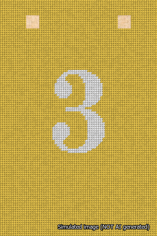 A simulated image of the stitched needlepoint design: Banner 18m Squared 3 White on Yellow. Not A.I. generated.