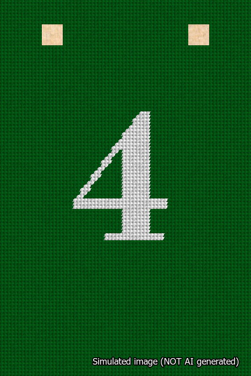 A simulated image of the stitched needlepoint design: Banner 18m Squared 4 White on Green. Not A.I. generated.