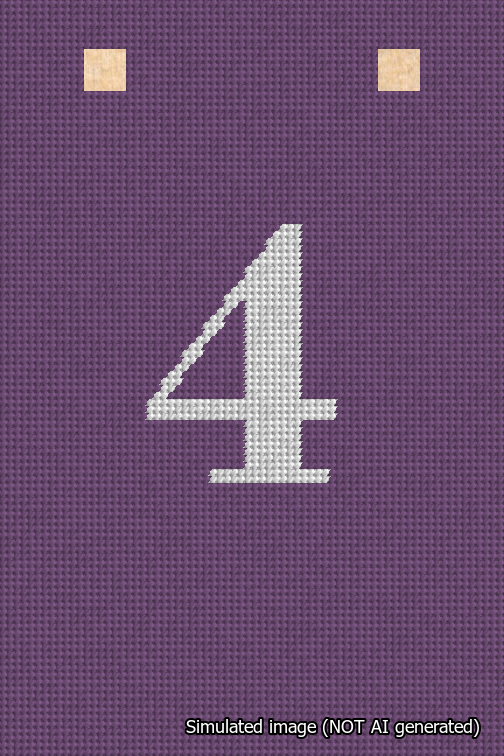 A simulated image of the stitched needlepoint design: Banner 18m Squared 4 White on Purple. Not A.I. generated.