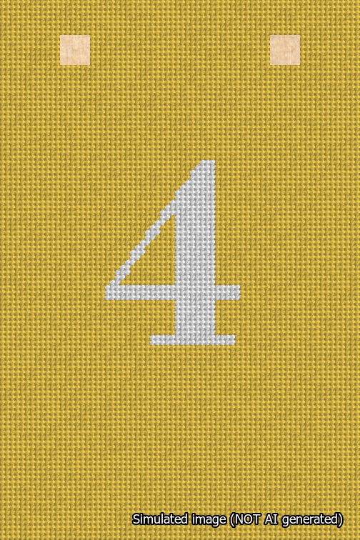 A simulated image of the stitched needlepoint design: Banner 18m Squared 4 White on Yellow. Not A.I. generated.