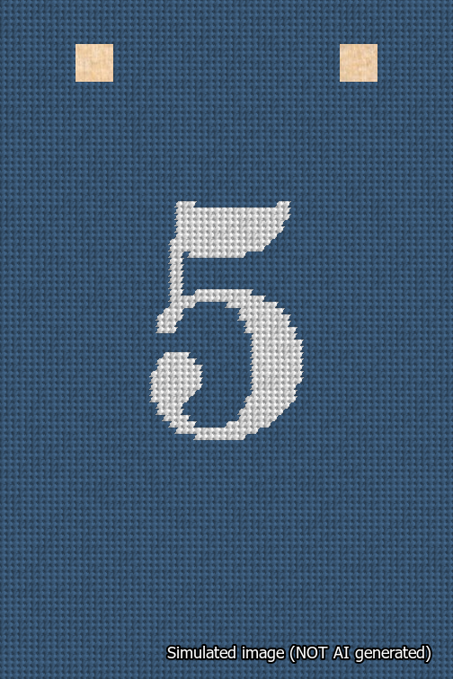 A simulated image of the stitched needlepoint design: Banner 18m Squared 5 White on Blue. Not A.I. generated.