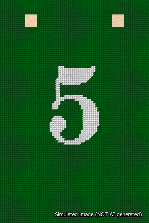 A simulated image of the stitched needlepoint design: Banner 18m Squared 5 White on Green. Not A.I. generated.
