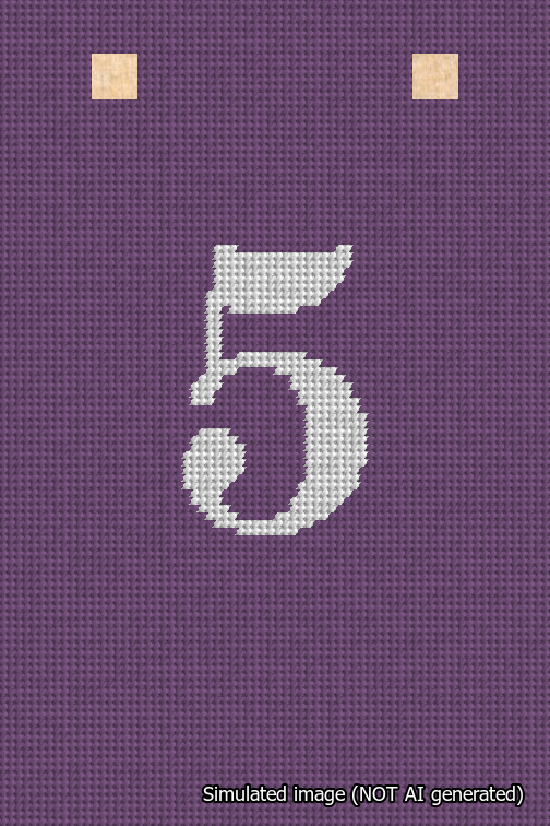 A simulated image of the stitched needlepoint design: Banner 18m Squared 5 White on Purple. Not A.I. generated.