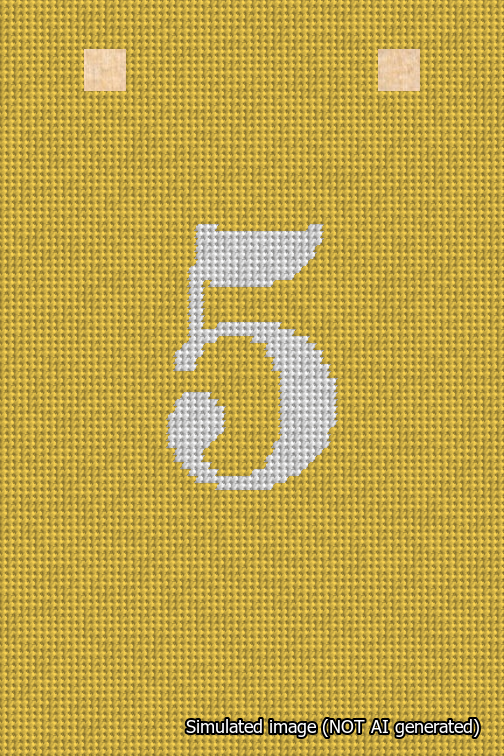 A simulated image of the stitched needlepoint design: Banner 18m Squared 5 White on Yellow. Not A.I. generated.