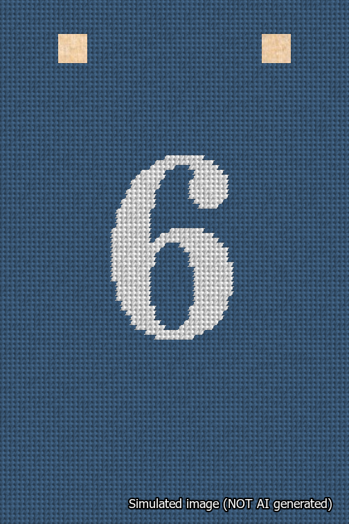 A simulated image of the stitched needlepoint design: Banner 18m Squared 6 White on Blue. Not A.I. generated.