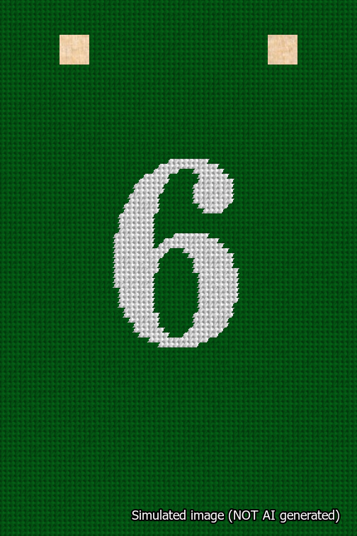 A simulated image of the stitched needlepoint design: Banner 18m Squared 6 White on Green. Not A.I. generated.