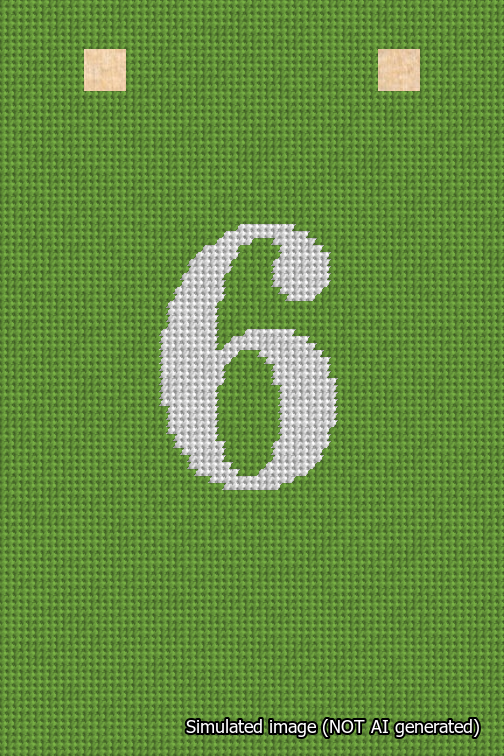 A simulated image of the stitched needlepoint design: Banner 18m Squared 6 White on Light Green. Not A.I. generated.