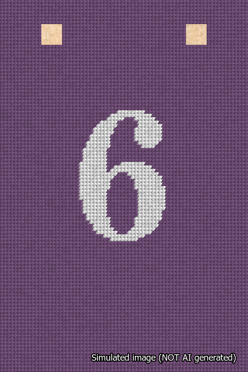 A simulated image of the stitched needlepoint design: Banner 18m Squared 6 White on Purple. Not A.I. generated.