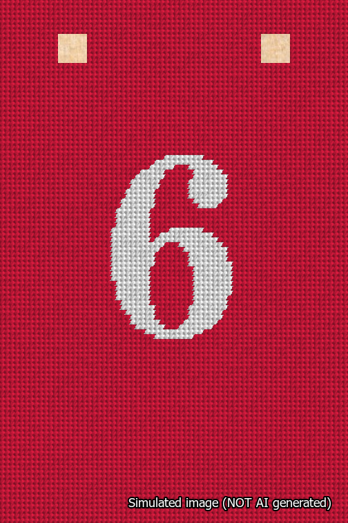 A simulated image of the stitched needlepoint design: Banner 18m Squared 6 White on Red. Not A.I. generated.