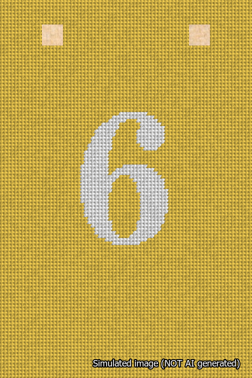 A simulated image of the stitched needlepoint design: Banner 18m Squared 6 White on Yellow. Not A.I. generated.