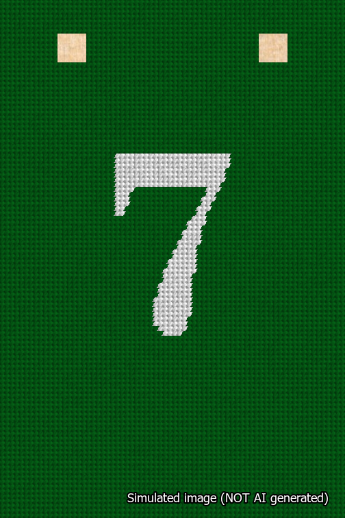 A simulated image of the stitched needlepoint design: Banner 18m Squared 7 White on Green. Not A.I. generated.