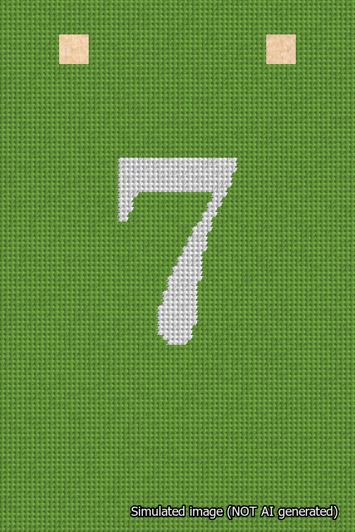 A simulated image of the stitched needlepoint design: Banner 18m Squared 7 White on Light Green. Not A.I. generated.