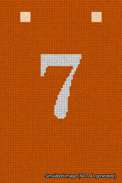 A simulated image of the stitched needlepoint design: Banner 18m Squared 7 White on Orange. Not A.I. generated.