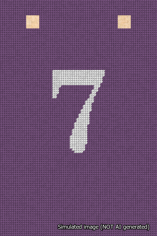 A simulated image of the stitched needlepoint design: Banner 18m Squared 7 White on Purple. Not A.I. generated.