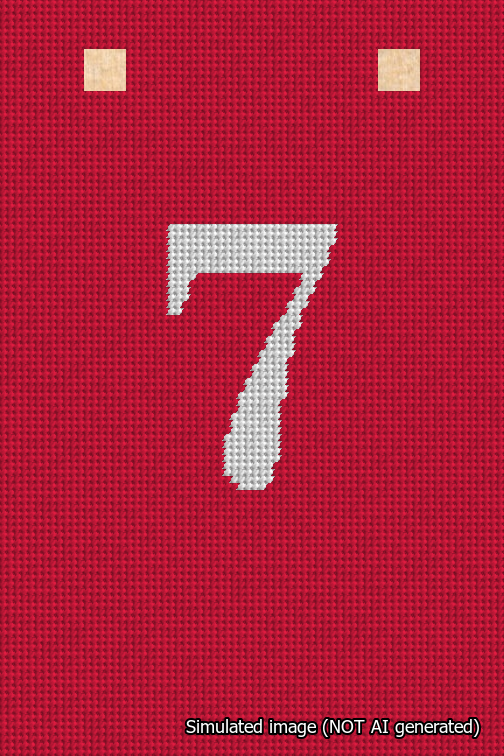 A simulated image of the stitched needlepoint design: Banner 18m Squared 7 White on Red. Not A.I. generated.