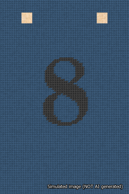 A simulated image of the stitched needlepoint design: Banner 18m Squared 8 Black on Blue. Not A.I. generated.