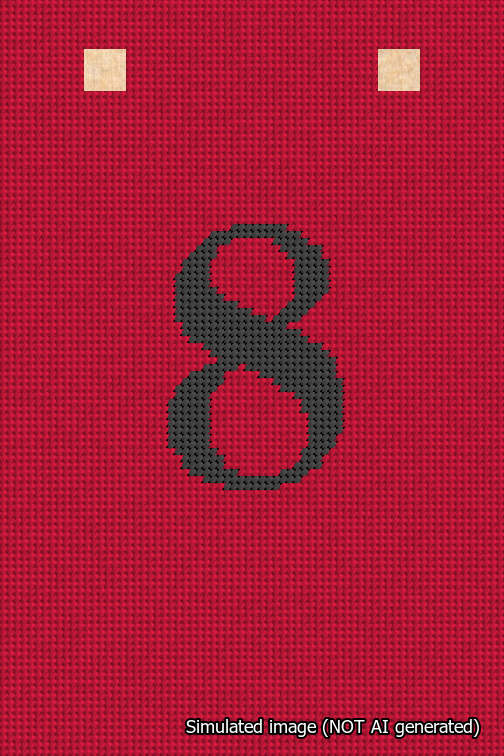 A simulated image of the stitched needlepoint design: Banner 18m Squared 8 Black on Red. Not A.I. generated.