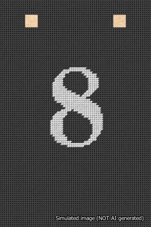 A simulated image of the stitched needlepoint design: Banner 18m Squared 8 White on Black. Not A.I. generated.