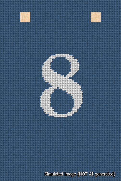 A simulated image of the stitched needlepoint design: Banner 18m Squared 8 White on Blue. Not A.I. generated.