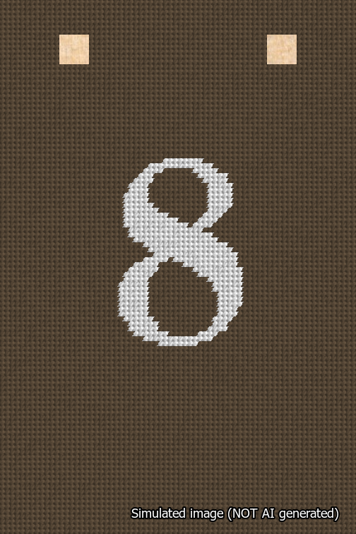 A simulated image of the stitched needlepoint design: Banner 18m Squared 8 White on Brown. Not A.I. generated.