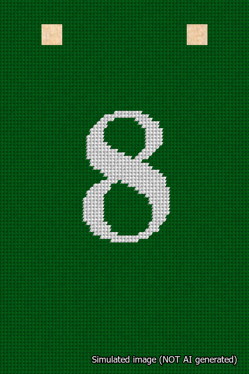 A simulated image of the stitched needlepoint design: Banner 18m Squared 8 White on Green. Not A.I. generated.