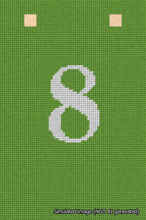 A simulated image of the stitched needlepoint design: Banner 18m Squared 8 White on Light Green. Not A.I. generated.