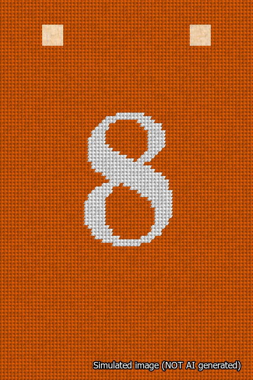 A simulated image of the stitched needlepoint design: Banner 18m Squared 8 White on Orange. Not A.I. generated.