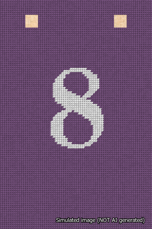 A simulated image of the stitched needlepoint design: Banner 18m Squared 8 White on Purple. Not A.I. generated.