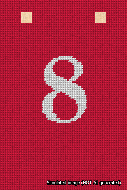 A simulated image of the stitched needlepoint design: Banner 18m Squared 8 White on Red. Not A.I. generated.