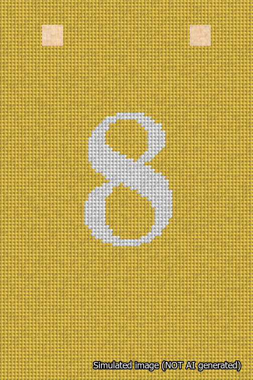 A simulated image of the stitched needlepoint design: Banner 18m Squared 8 White on Yellow. Not A.I. generated.