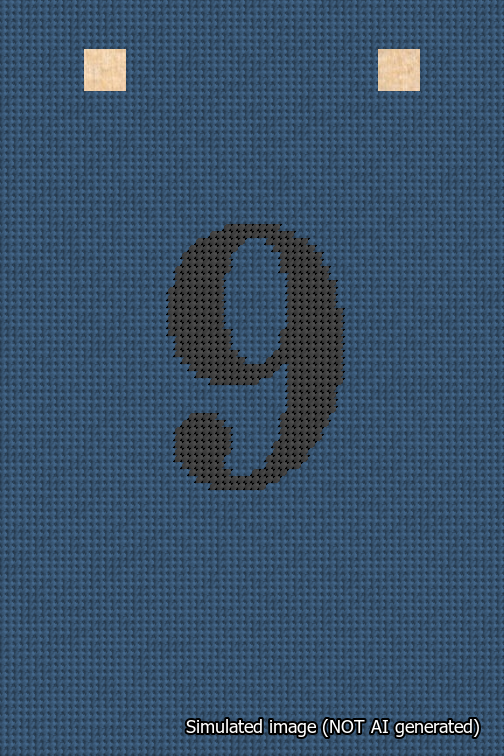 A simulated image of the stitched needlepoint design: Banner 18m Squared 9 Black on Blue. Not A.I. generated.
