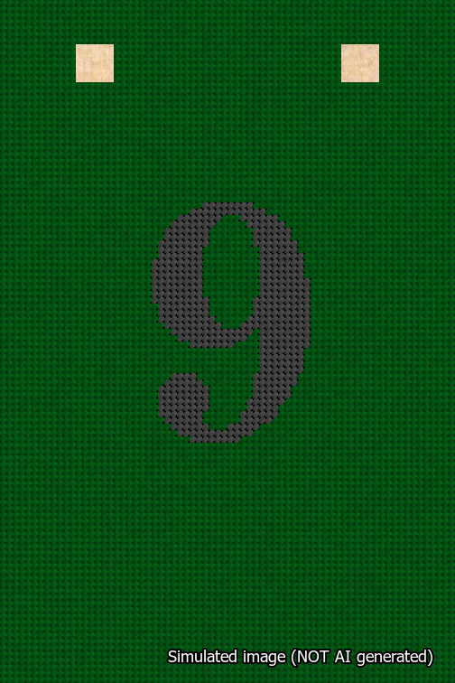 A simulated image of the stitched needlepoint design: Banner 18m Squared 9 Black on Green. Not A.I. generated.