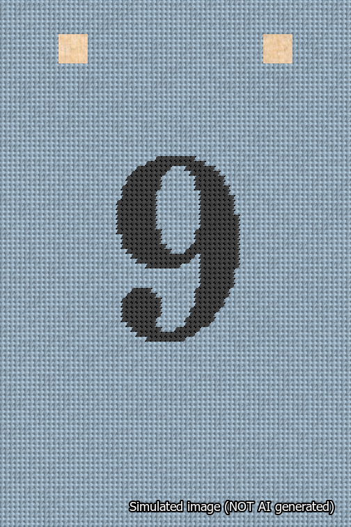 A simulated image of the stitched needlepoint design: Banner 18m Squared 9 Black on Light Blue. Not A.I. generated.