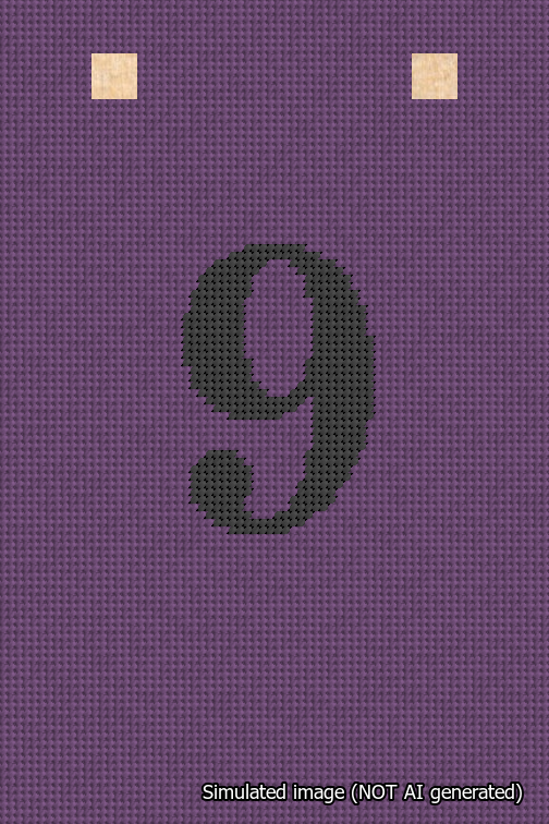 A simulated image of the stitched needlepoint design: Banner 18m Squared 9 Black on Purple. Not A.I. generated.