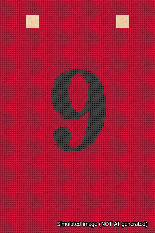 A simulated image of the stitched needlepoint design: Banner 18m Squared 9 Black on Red. Not A.I. generated.