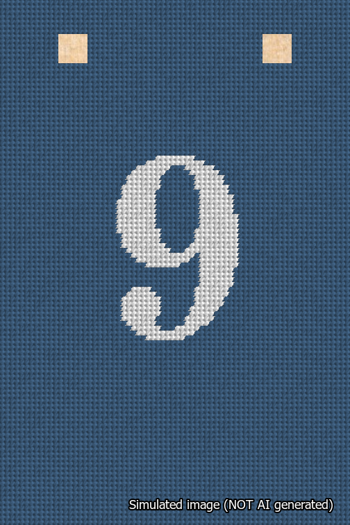 A simulated image of the stitched needlepoint design: Banner 18m Squared 9 White on Blue. Not A.I. generated.
