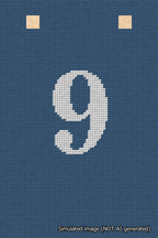 A simulated image of the stitched needlepoint design: Banner 18m Squared 9 White on Blue. Not A.I. generated.