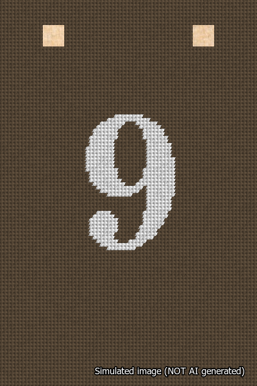 A simulated image of the stitched needlepoint design: Banner 18m Squared 9 White on Brown. Not A.I. generated.