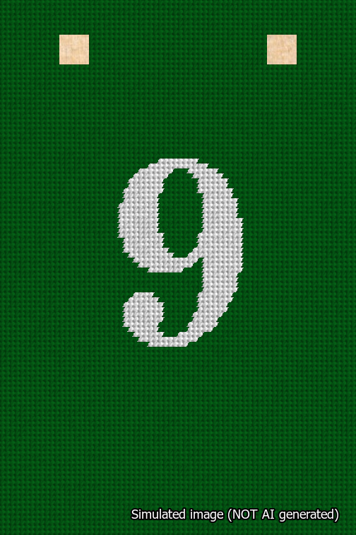 A simulated image of the stitched needlepoint design: Banner 18m Squared 9 White on Green. Not A.I. generated.