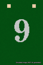 A simulated image of the stitched needlepoint design: Banner 18m Squared 9 White on Green. Not A.I. generated.