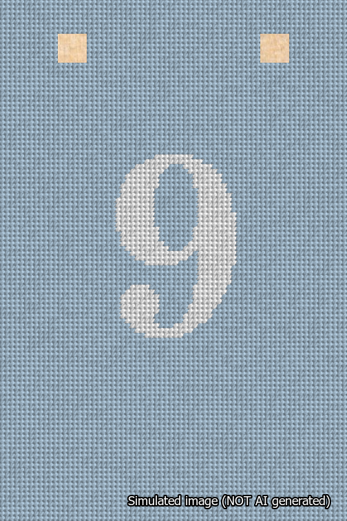 A simulated image of the stitched needlepoint design: Banner 18m Squared 9 White on Light Blue. Not A.I. generated.