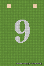 A simulated image of the stitched needlepoint design: Banner 18m Squared 9 White on Light Green. Not A.I. generated.