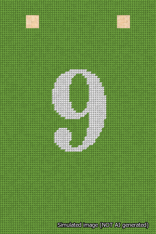 A simulated image of the stitched needlepoint design: Banner 18m Squared 9 White on Light Green. Not A.I. generated.
