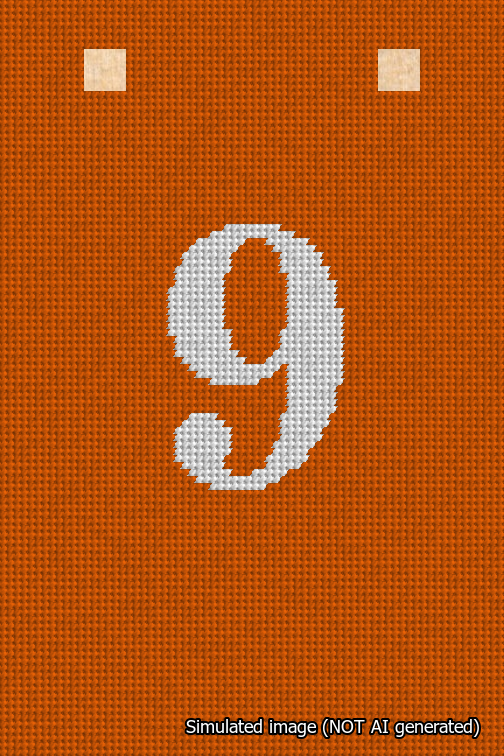 A simulated image of the stitched needlepoint design: Banner 18m Squared 9 White on Orange. Not A.I. generated.