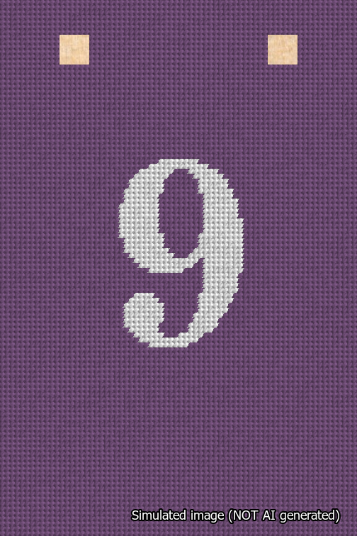 A simulated image of the stitched needlepoint design: Banner 18m Squared 9 White on Purple. Not A.I. generated.